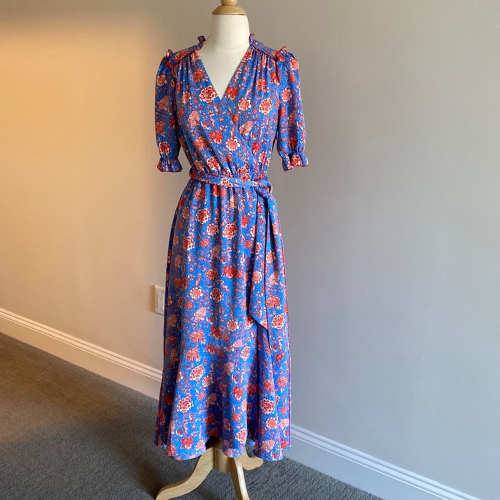 ME+EM Blue Floral Wrap Midi Dress with Red and White Accents